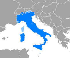 Distribution of Italian as a majority language (dark blue) or a minority language (light blue).