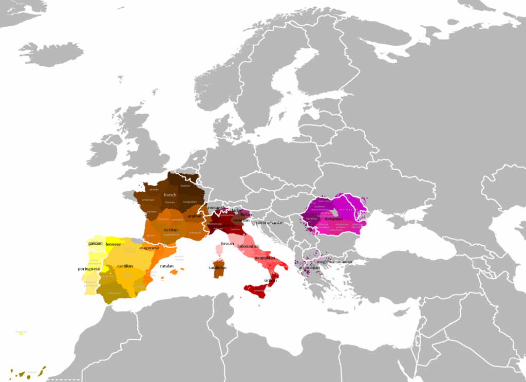 Distribution of the Romance languages in Europe.